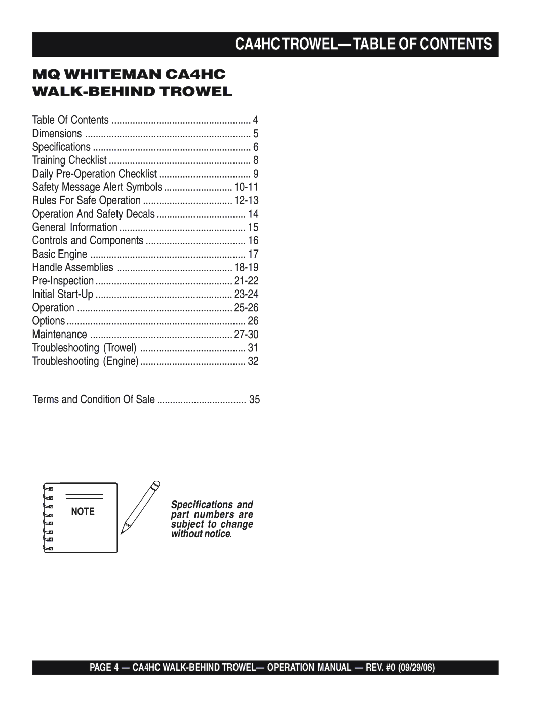 Multiquip operation manual CA4HCTROWEL-TABLE of Contents 