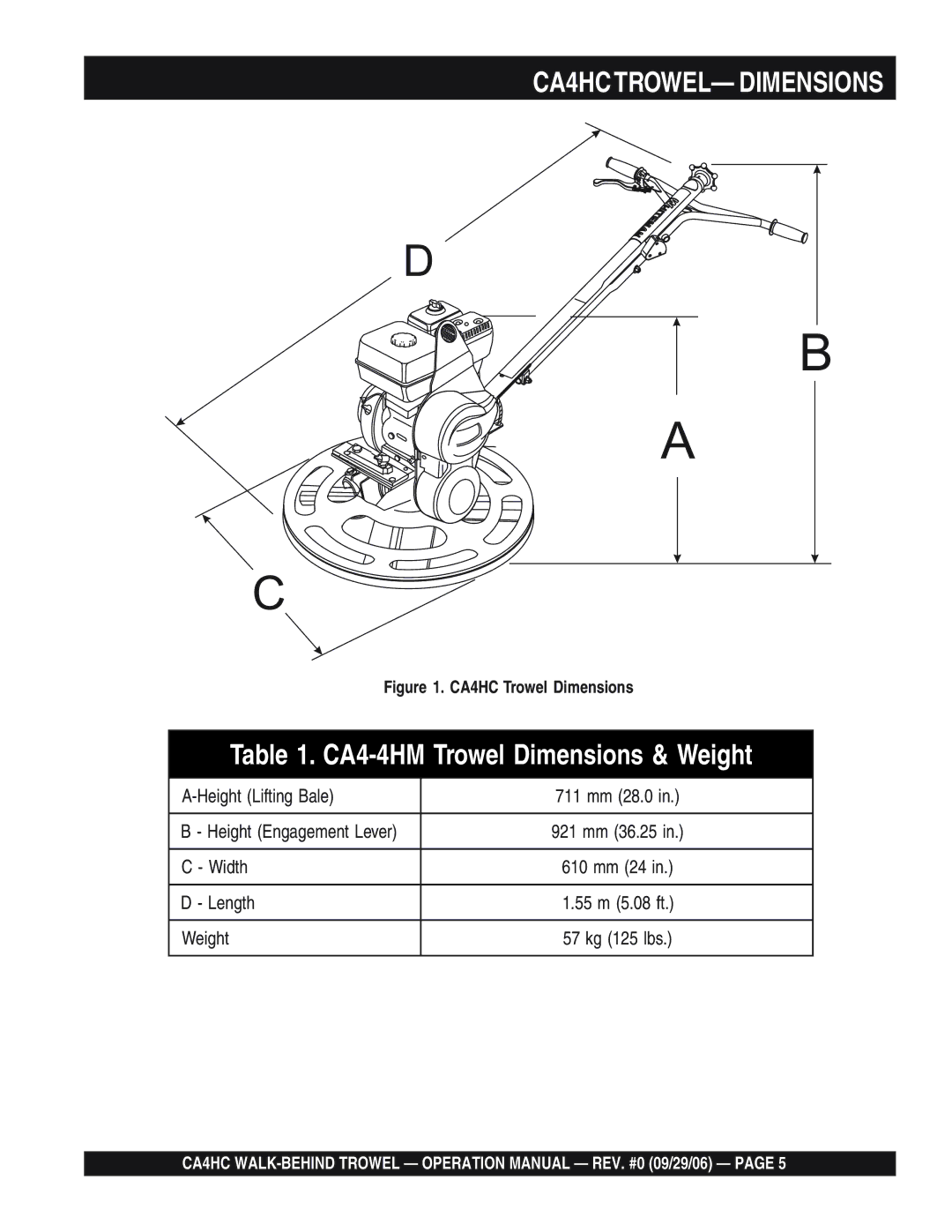 Multiquip operation manual CA4HC Trowel Dimensions, Height Engagement Lever 