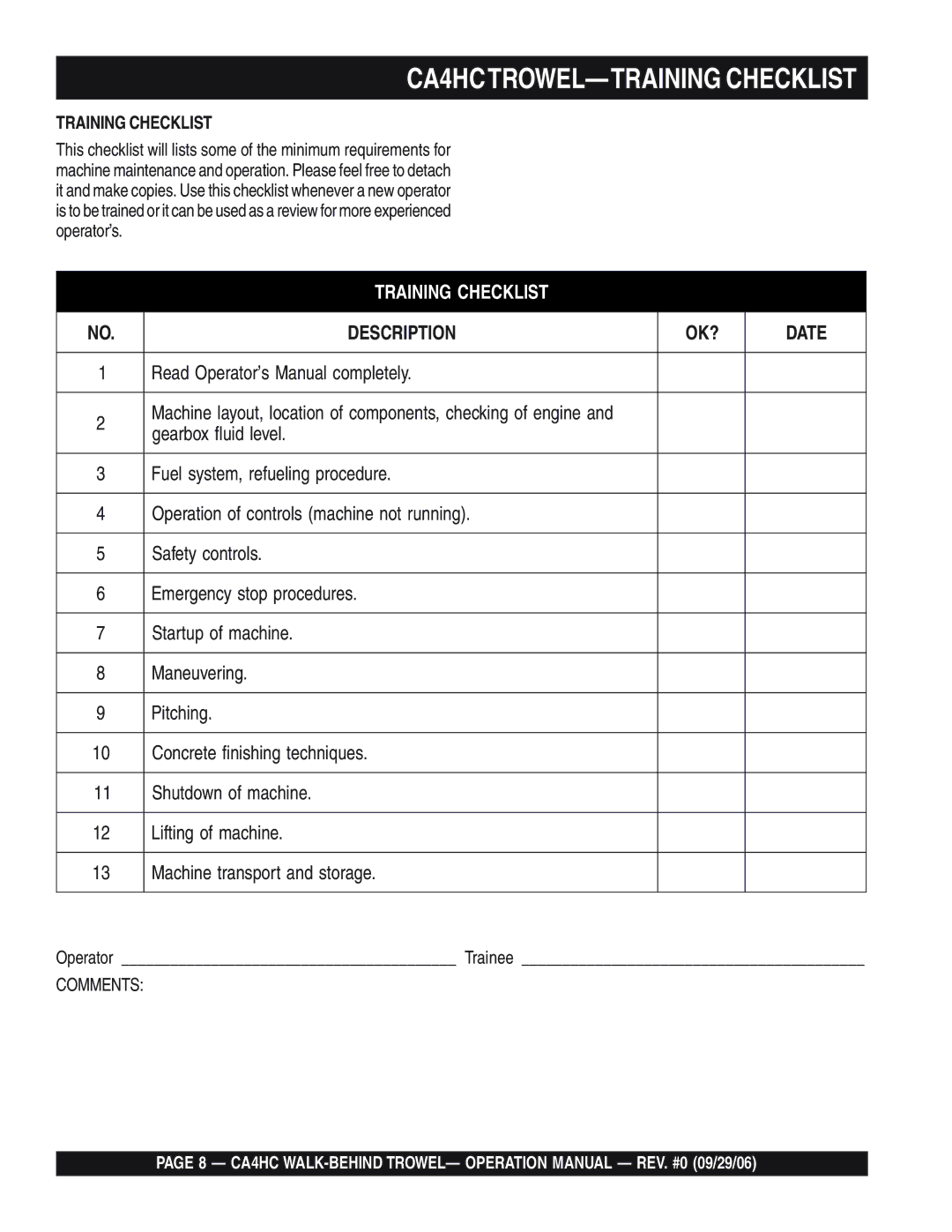 Multiquip CA4HC operation manual Training Checklist, Machine layout, location of components, checking of engine 