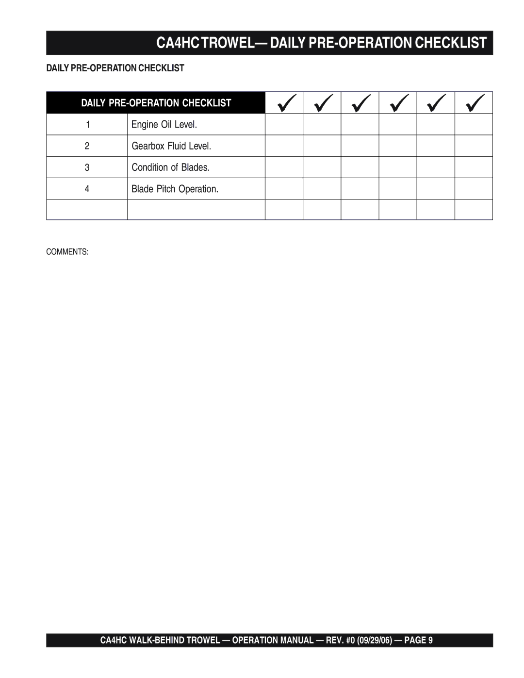 Multiquip operation manual CA4HCTROWEL- Daily PRE-OPERATION Checklist 