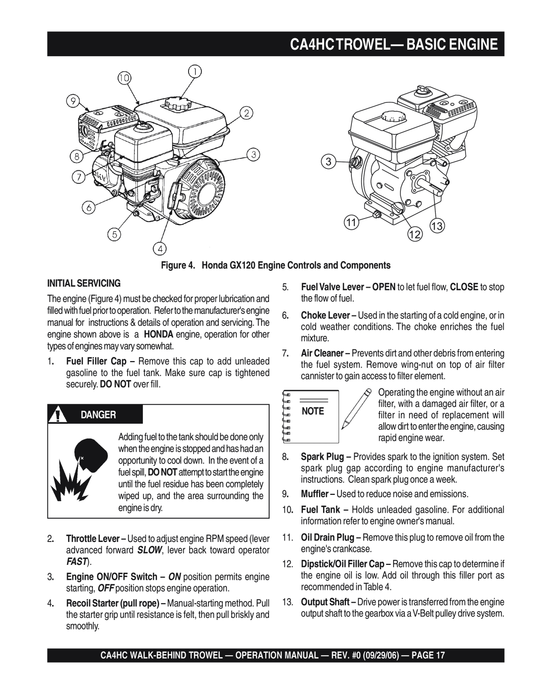 Multiquip operation manual CA4HCTROWEL— BASIC ENGINE, 3 1113 12, Danger, Initial Servicing 
