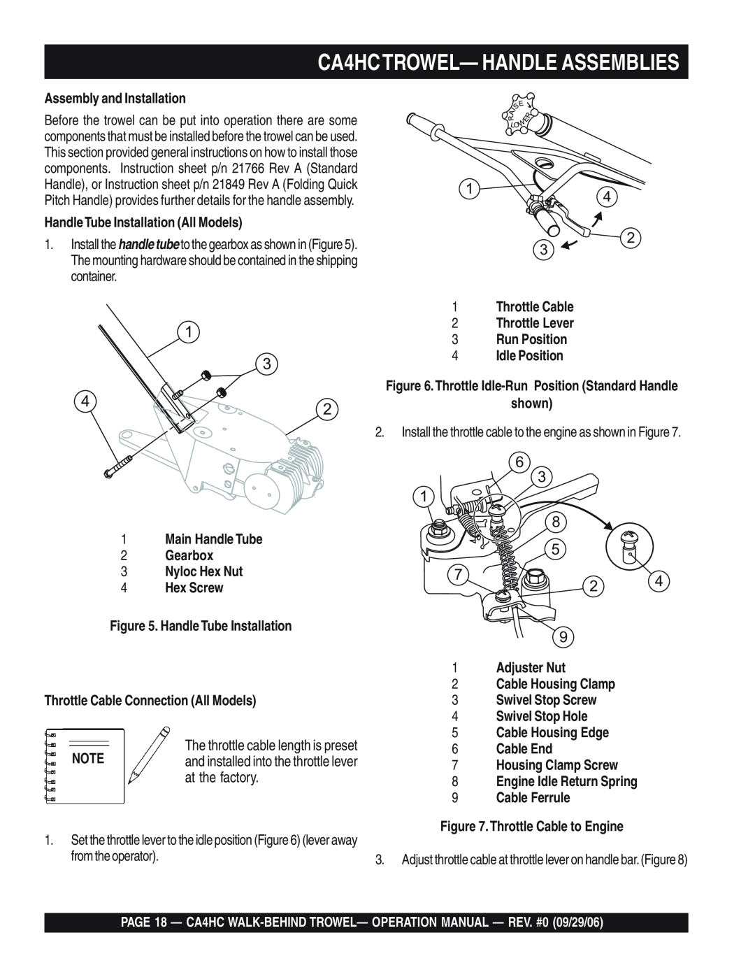 Multiquip operation manual CA4HCTROWEL— HANDLE ASSEMBLIES, The throttle cable length is preset 
