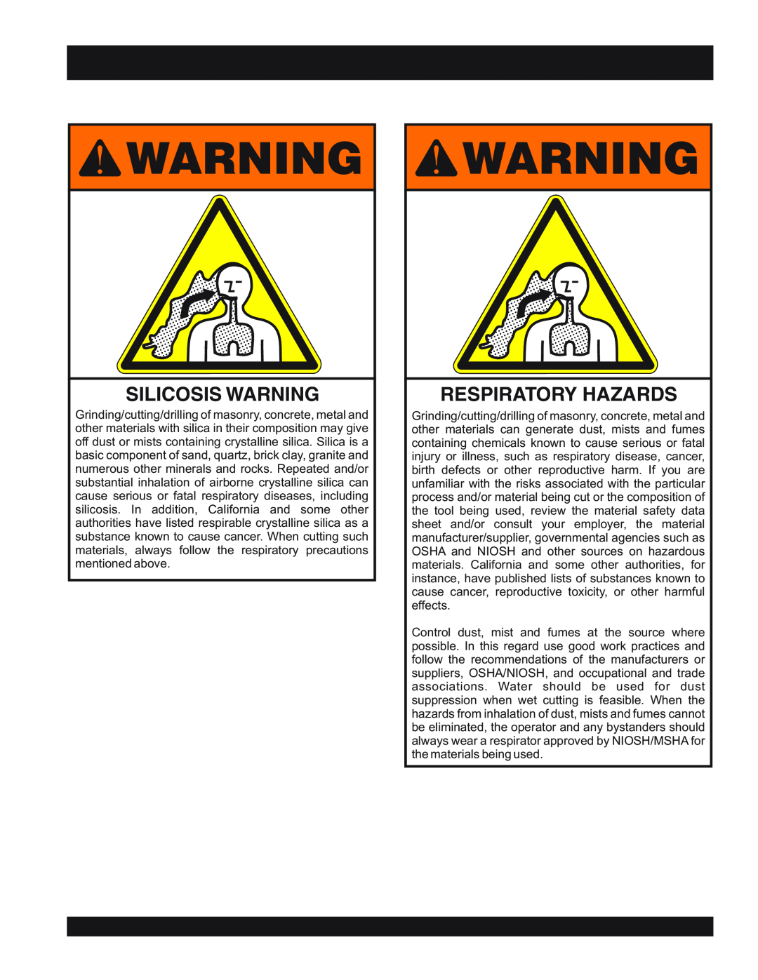 Multiquip CA4HC operation manual Silicosis Warning, Respiratory Hazards 