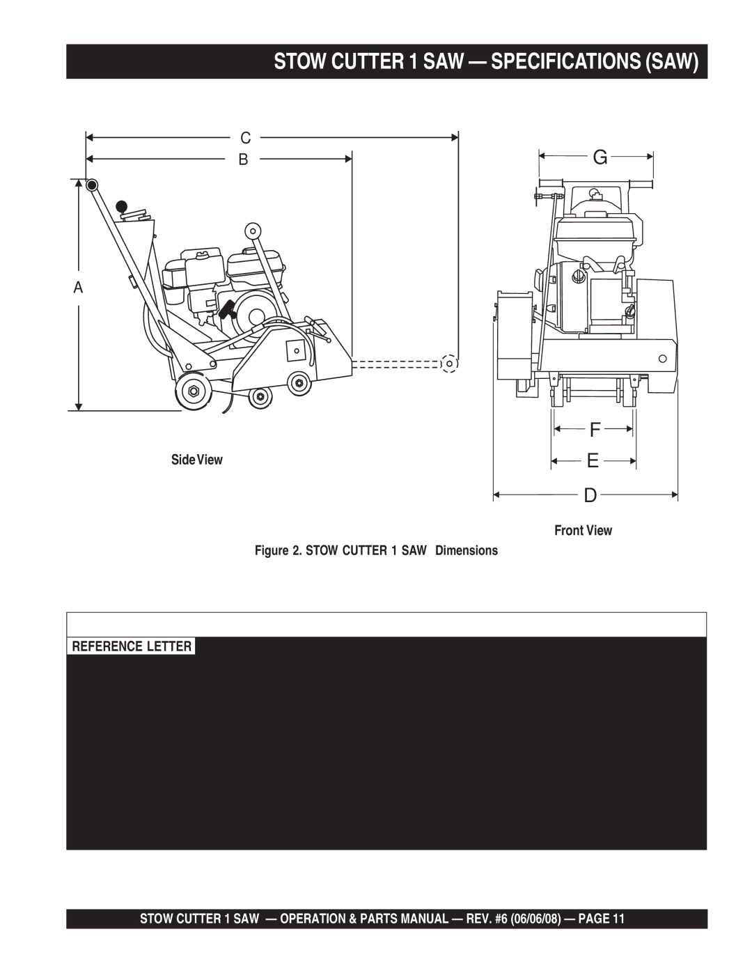 Multiquip CD613H18 (Honda GX390 Gasoline Engine) Stow Cutter 1 SAW Specifications SAW, SideView Front View, Description 