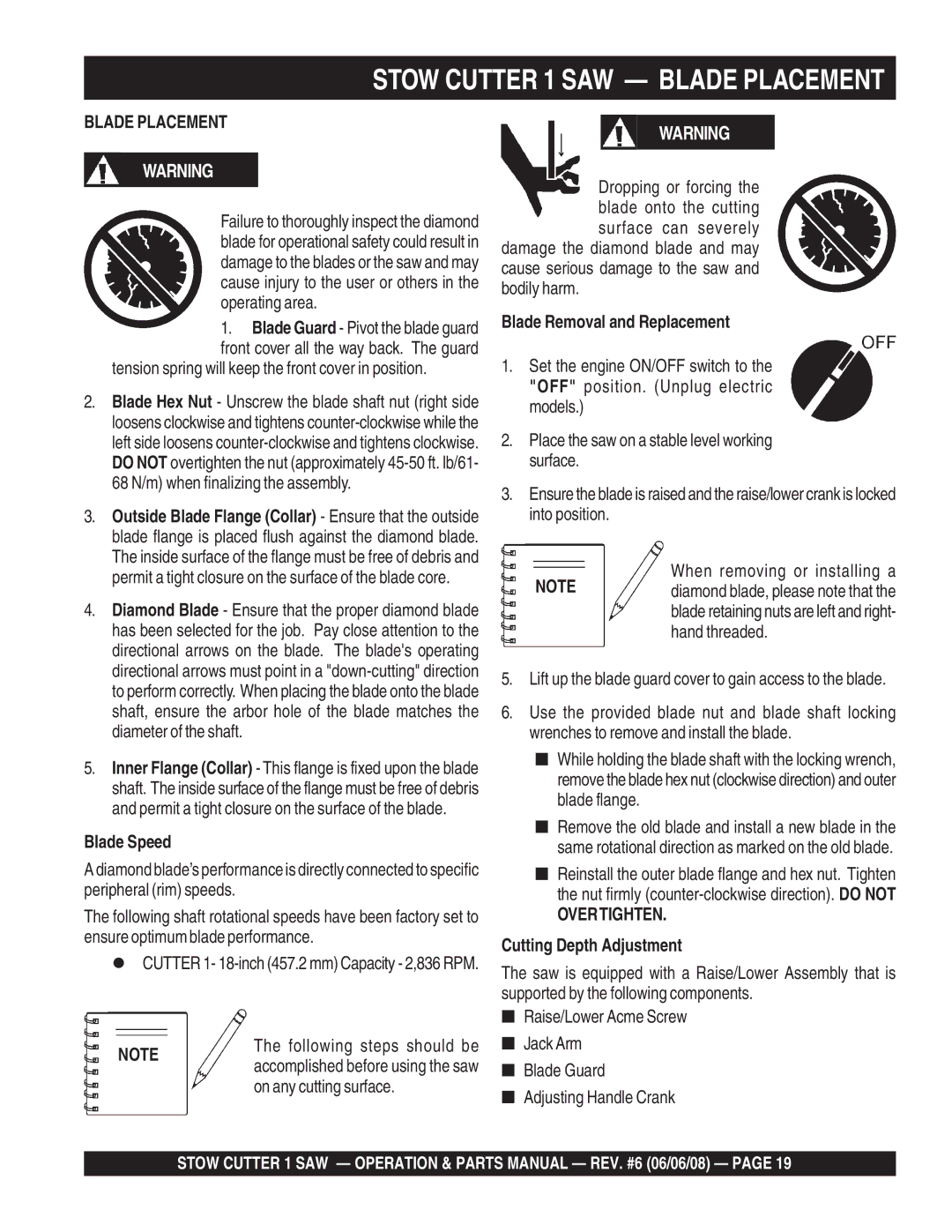 Multiquip CD613H18 (Honda GX390 Gasoline Engine) manual Stow Cutter 1 SAW Blade Placement, Overtighten 