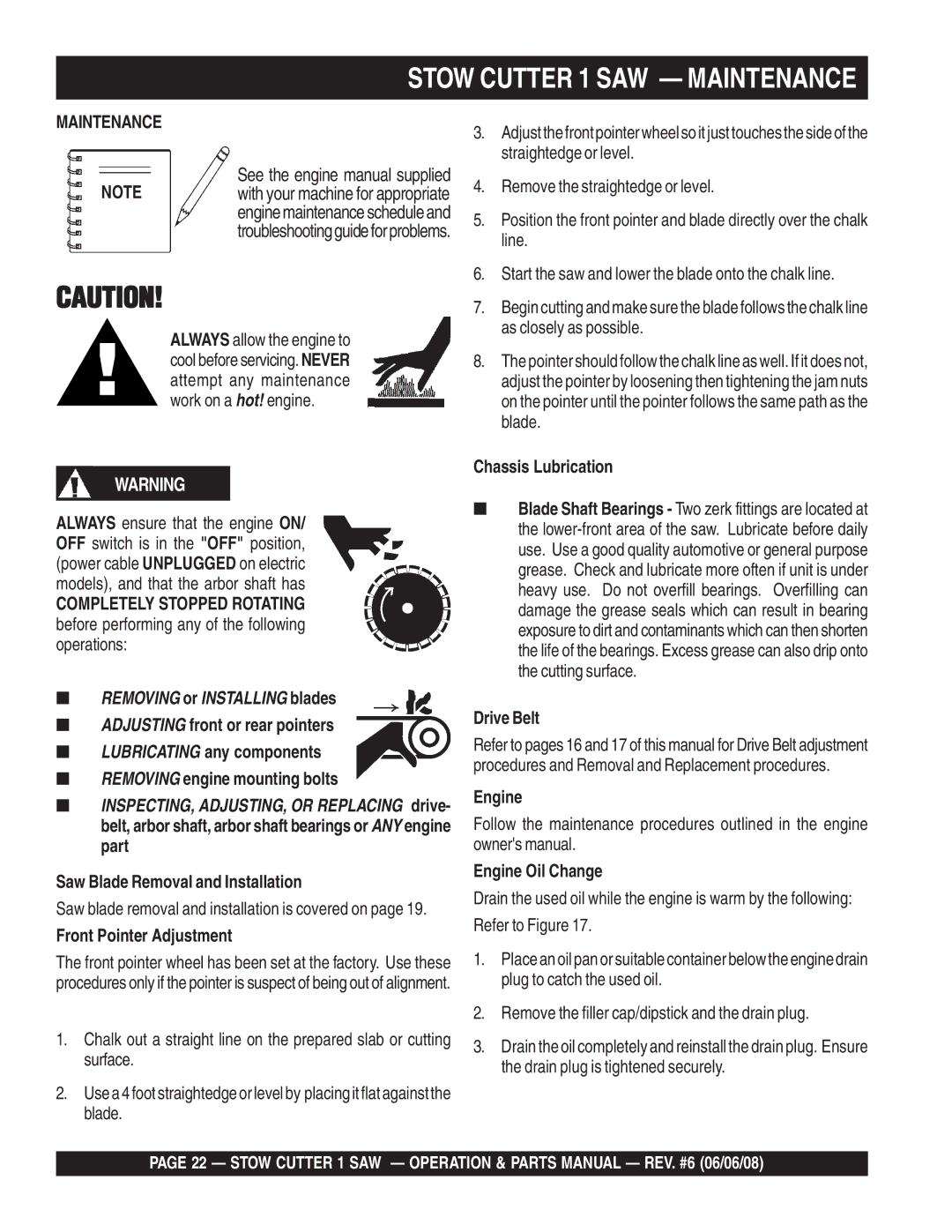 Multiquip CD605E16 (5 HP Electric Motor), CD613H18 (Honda GX390 Gasoline Engine) manual Maintenance 