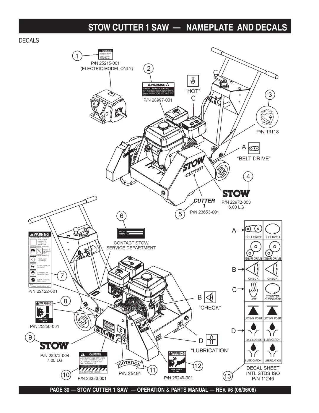 Multiquip CD605E16 (5 HP Electric Motor), CD613H18 (Honda GX390 Gasoline Engine) Stow Cutter 1 SAW Nameplate and Decals 