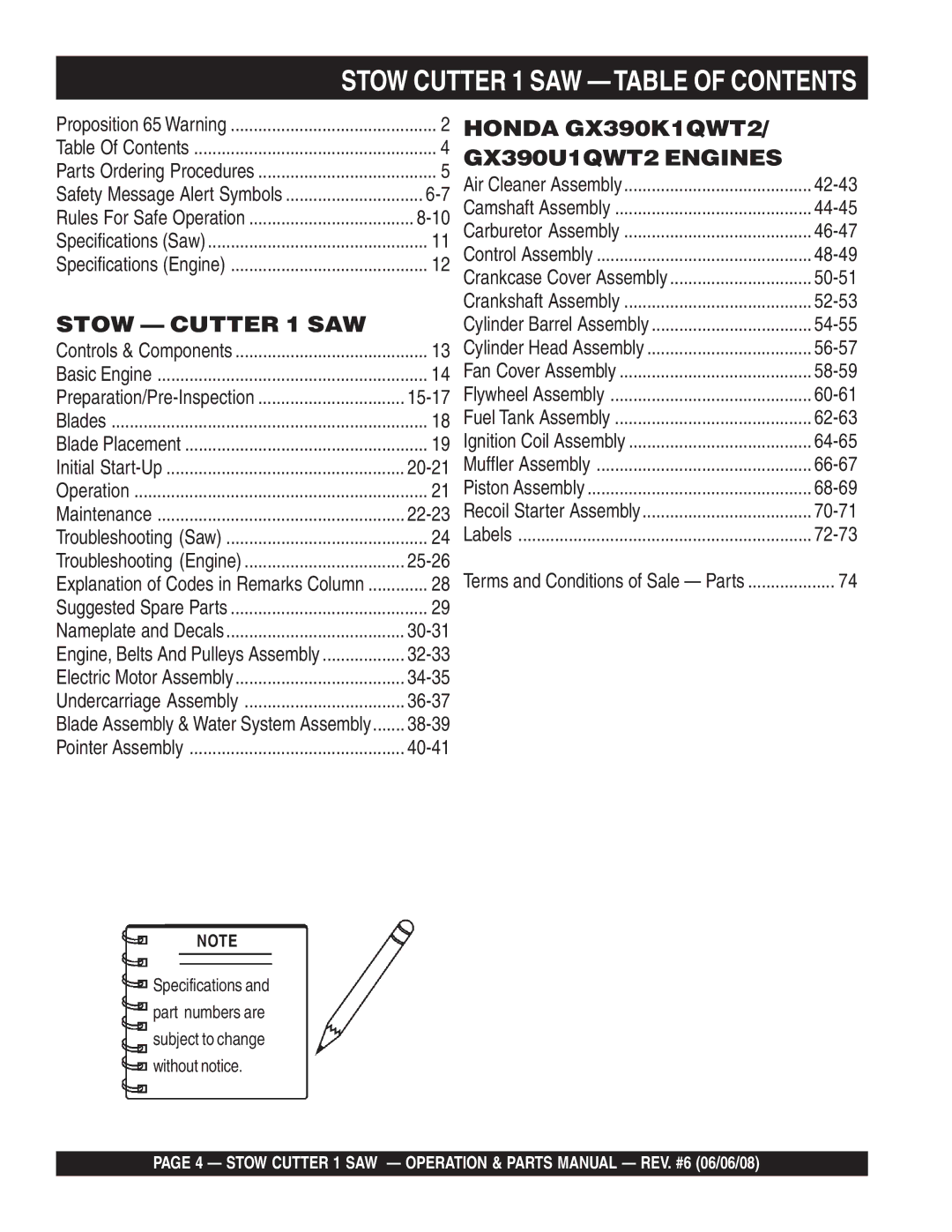 Multiquip CD605E16 (5 HP Electric Motor), CD613H18 (Honda GX390 Gasoline Engine) manual Stow Cutter 1 SAW -TABLE of Contents 