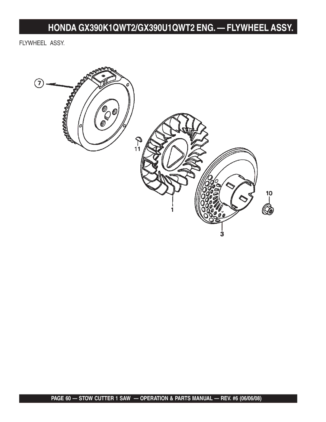 Multiquip CD605E16 (5 HP Electric Motor), CD613H18 (Honda GX390 Gasoline Engine) manual Flywheel Assy 