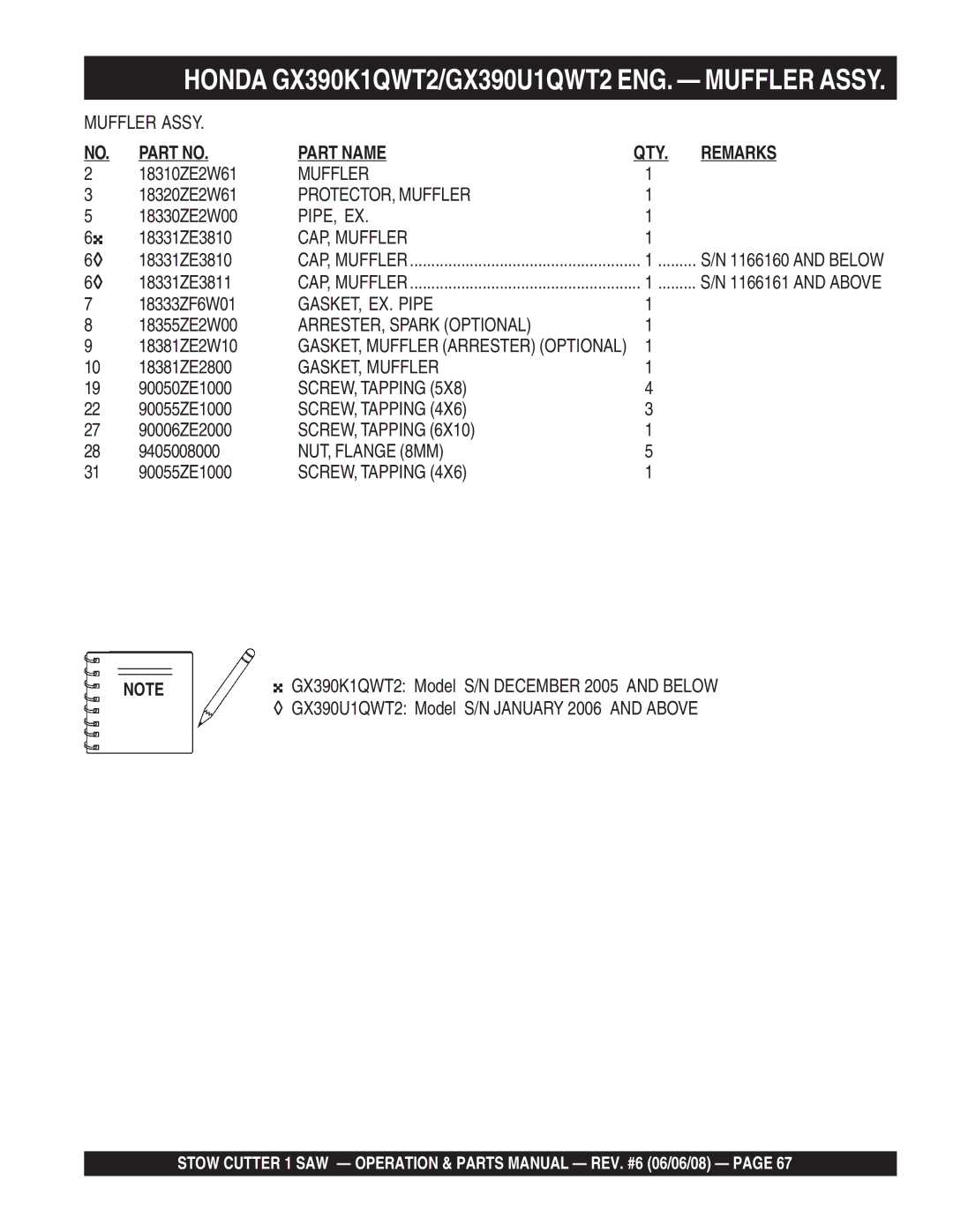 Multiquip CD613H18 (Honda GX390 Gasoline Engine) manual Honda GX390K1QWT2/GX390U1QWT2 ENG. Muffler Assy 