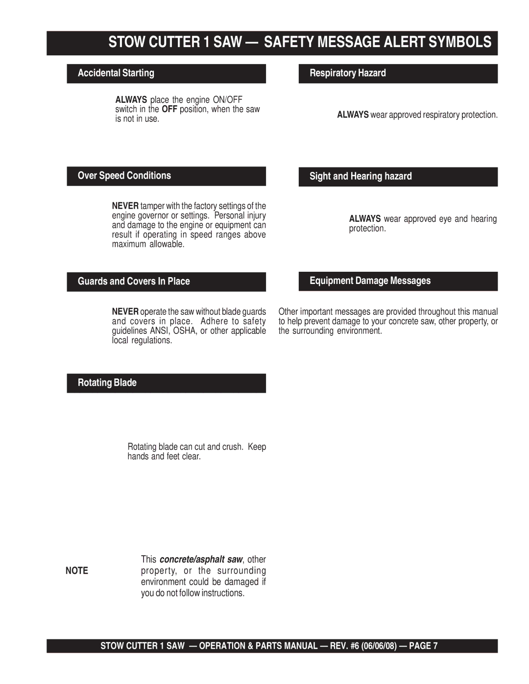 Multiquip CD613H18 (Honda GX390 Gasoline Engine) manual Stow Cutter 1 SAW Safety Message Alert Symbols 