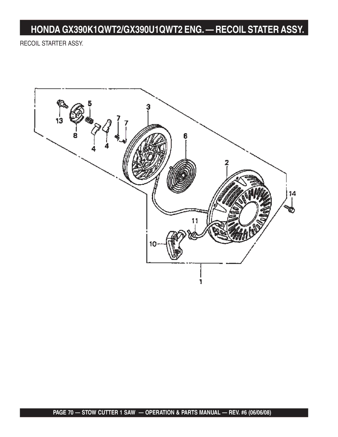 Multiquip CD605E16 (5 HP Electric Motor) manual Honda GX390K1QWT2/GX390U1QWT2 ENG. Recoil Stater Assy, Recoil Starter Assy 