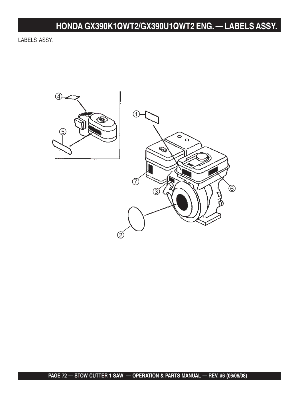 Multiquip CD605E16 (5 HP Electric Motor) manual Honda GX390K1QWT2/GX390U1QWT2 ENG. Labels Assy 