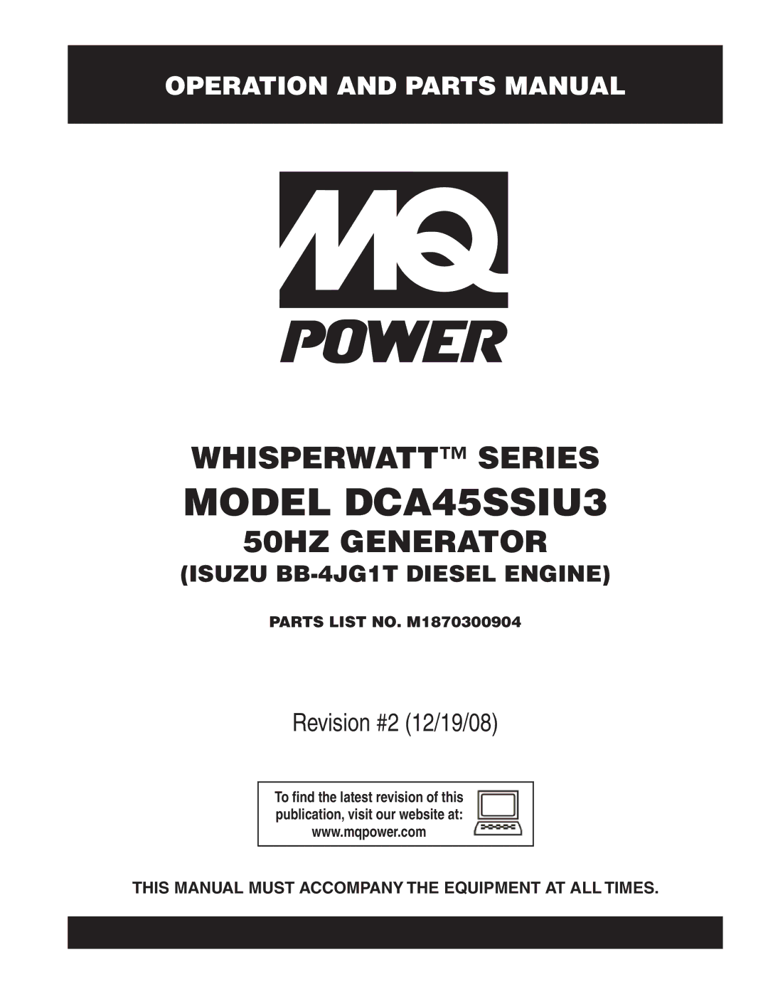 Multiquip CDA45SSIU3 manual Model DCA45SSIU3, This Manual Must Accompany the Equipment AT ALL Times 