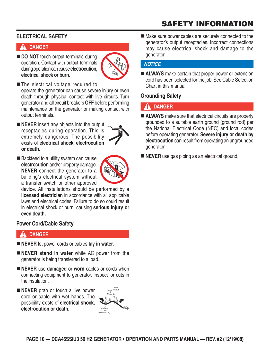 Multiquip CDA45SSIU3 Electrical Safety, Grounding Safety, Power Cord/Cable Safety,  The electrical voltage required to 