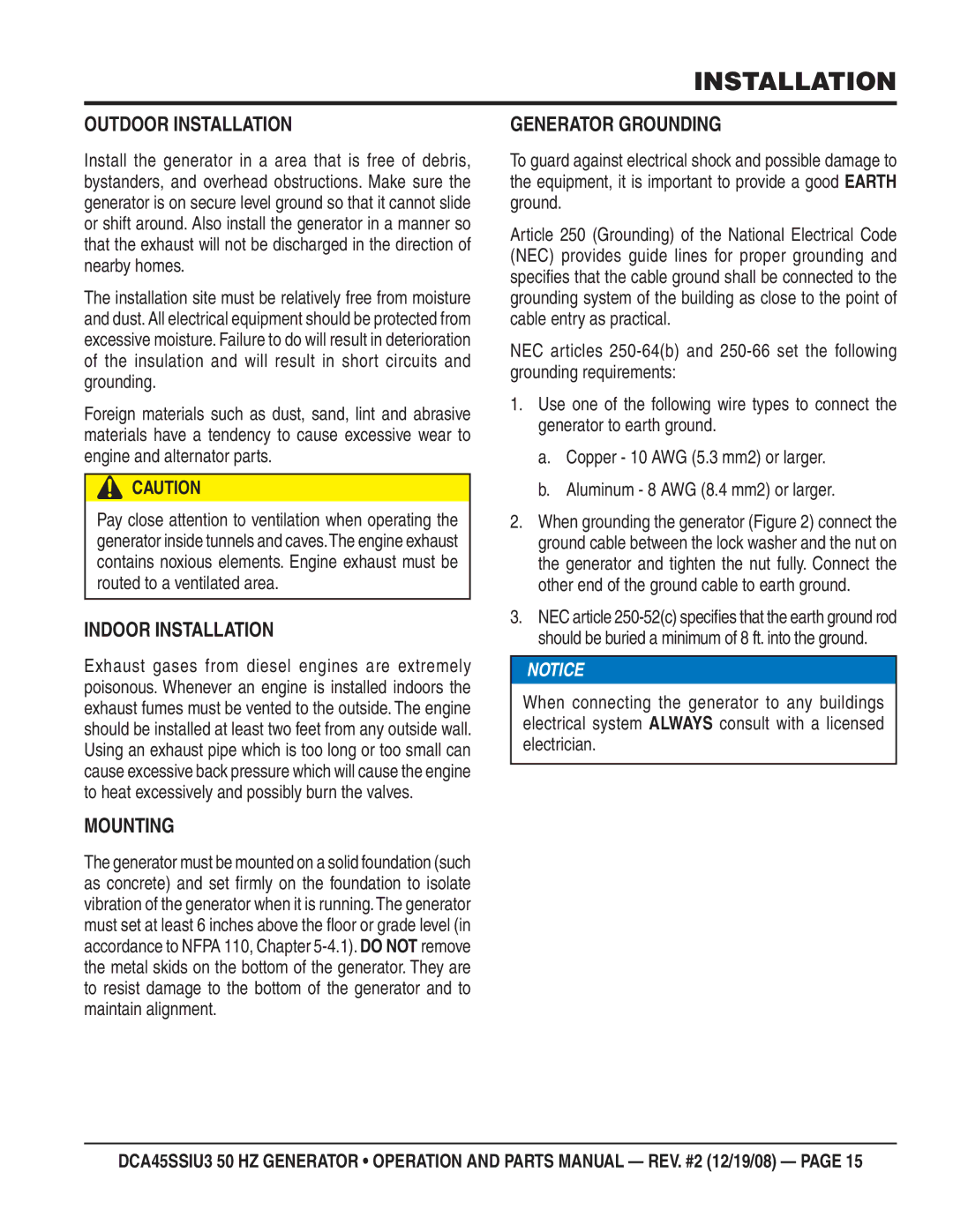 Multiquip CDA45SSIU3 manual Outdoor Installation, Indoor Installation, Mounting, Generator Grounding 