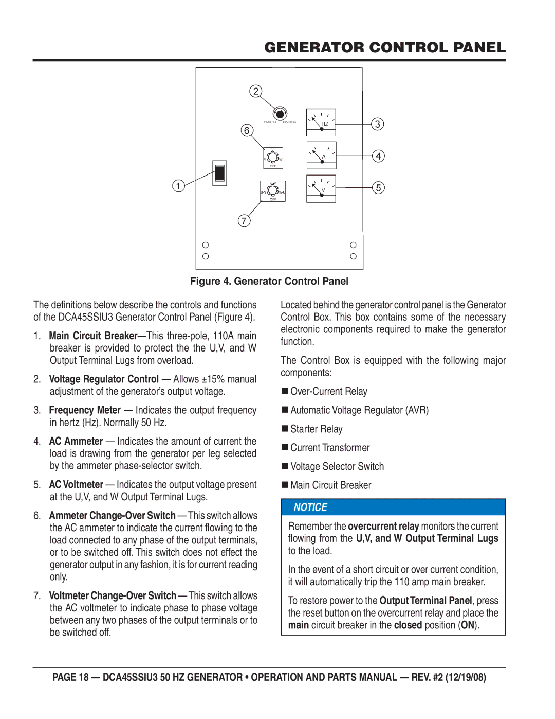 Multiquip CDA45SSIU3 manual Generator Control Panel, Owing from the U,V, and W Output Terminal Lugs to the load 