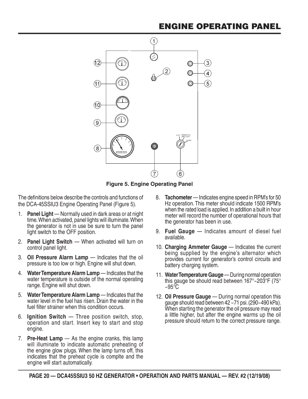 Multiquip CDA45SSIU3 manual Engine Operating Panel, Fuel Gauge Indicates amount of diesel fuel available 