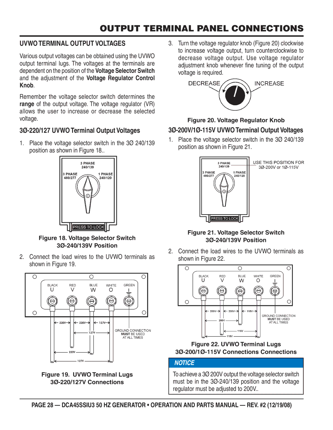 Multiquip CDA45SSIU3 manual Output Terminal Panel Connections, Uvwo Terminal Output Voltages 