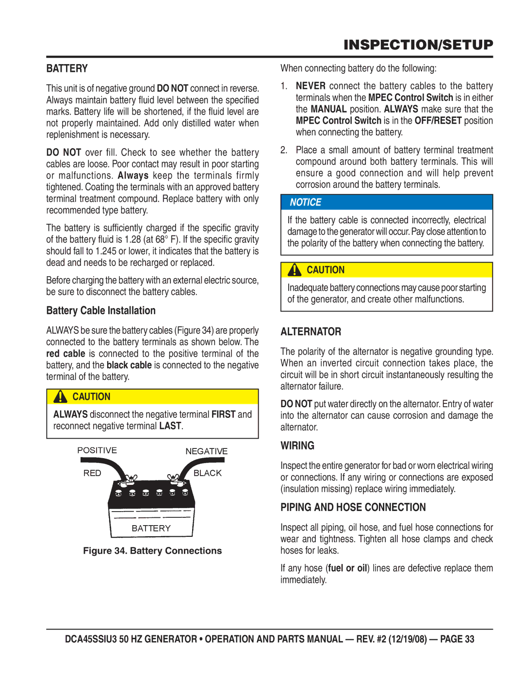 Multiquip CDA45SSIU3 manual Battery Cable Installation, Alternator, Wiring, Piping and Hose Connection 