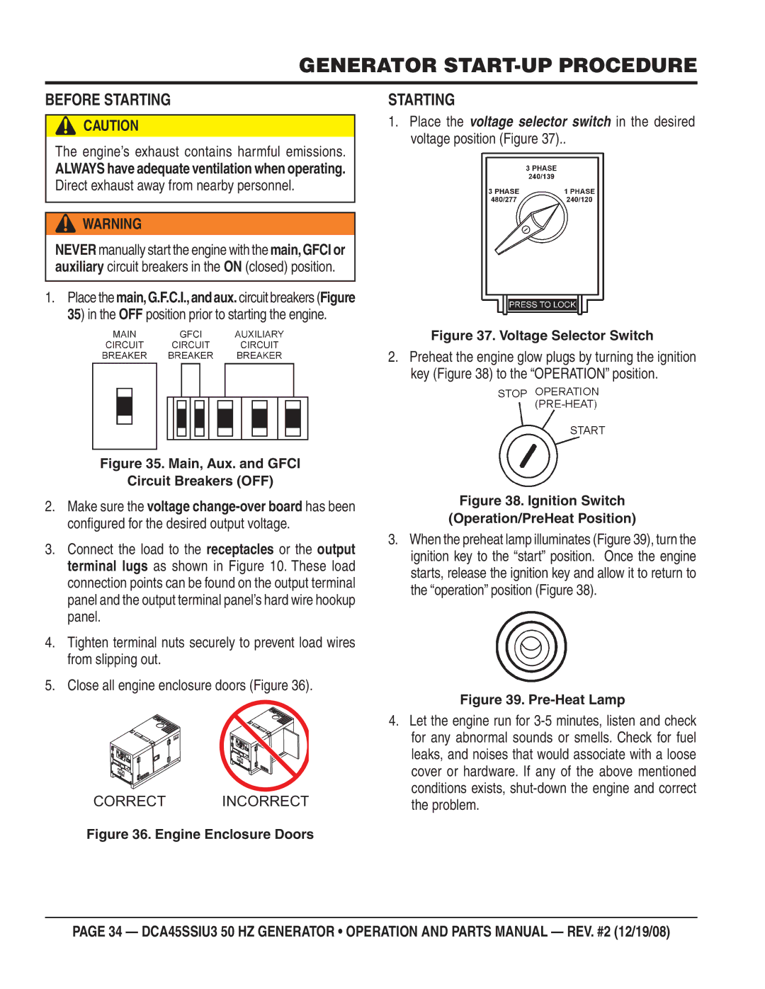 Multiquip CDA45SSIU3 manual Generator START-UP Procedure, Before Starting, Engine’s exhaust contains harmful emissions 