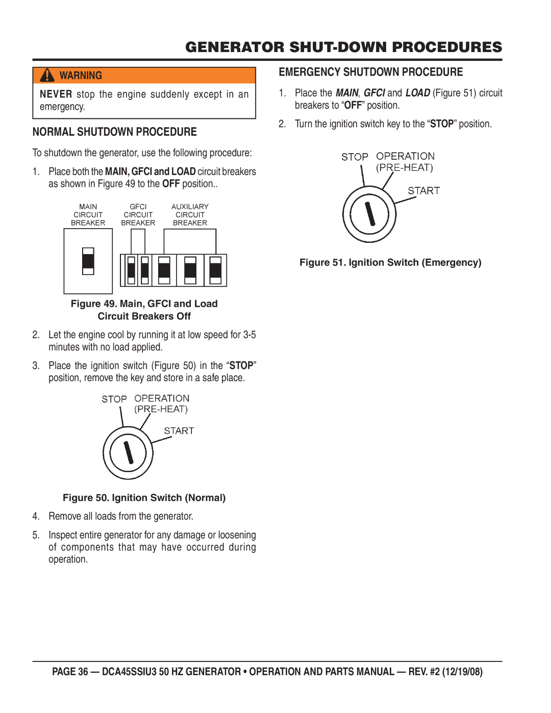 Multiquip CDA45SSIU3 manual Generator SHUT-DOWN Procedures, Normal Shutdown Procedure, Emergency Shutdown Procedure 