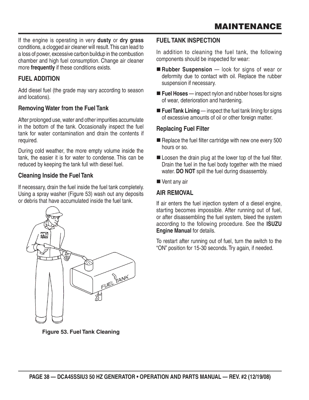 Multiquip CDA45SSIU3 manual Fuel Addition, Fuel Tank Inspection, AIR Removal 