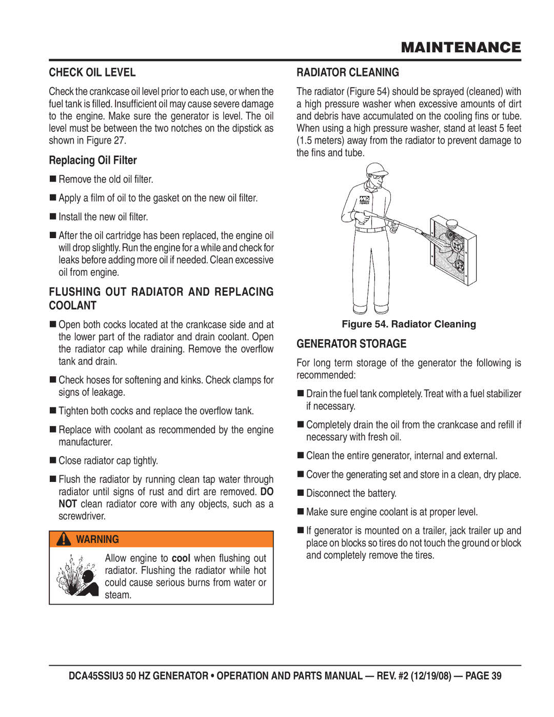 Multiquip CDA45SSIU3 Check OIL Level, Replacing Oil Filter, Flushing OUT Radiator and Replacing Coolant, Radiator Cleaning 