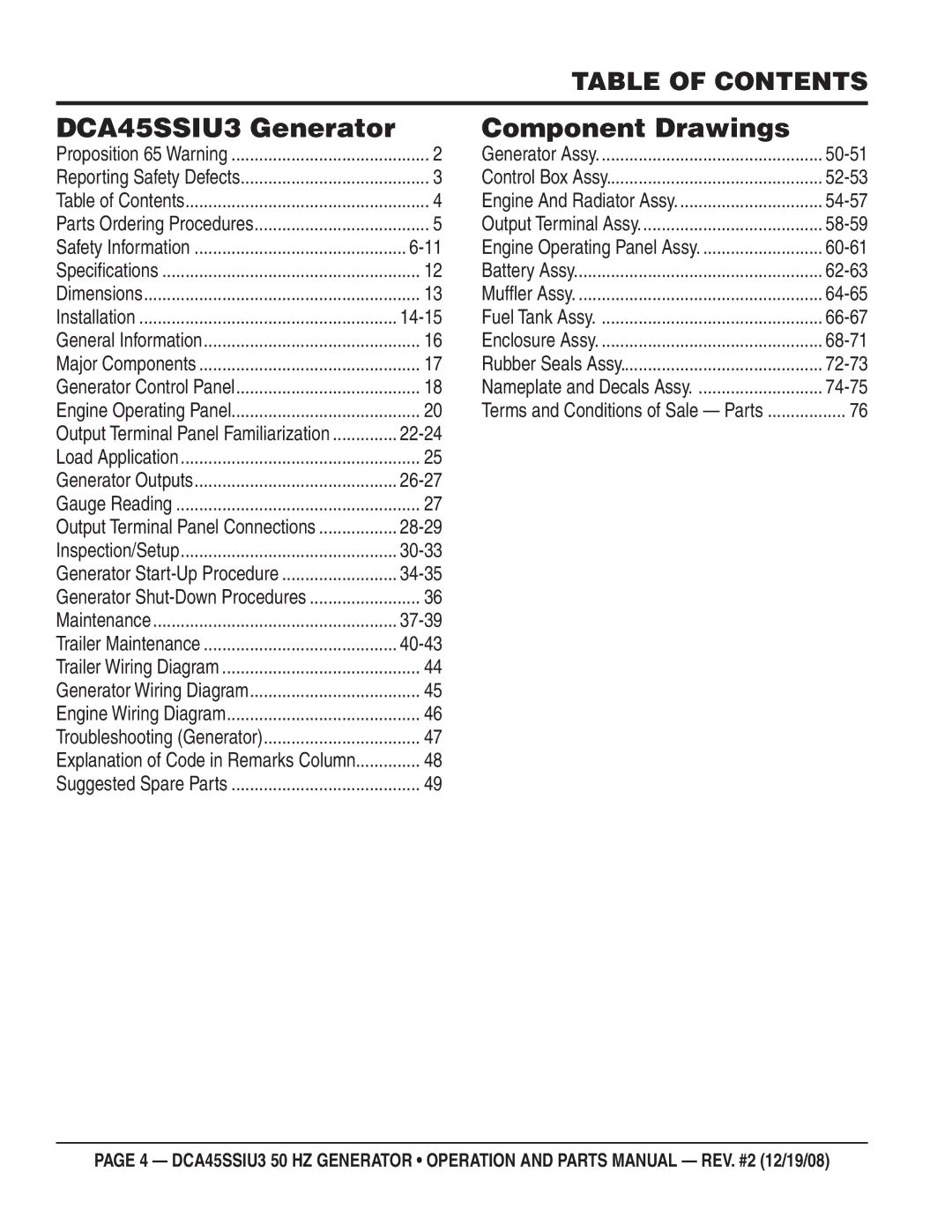 Multiquip CDA45SSIU3 manual DCA45SSIU3 Generator, Table of Contents 