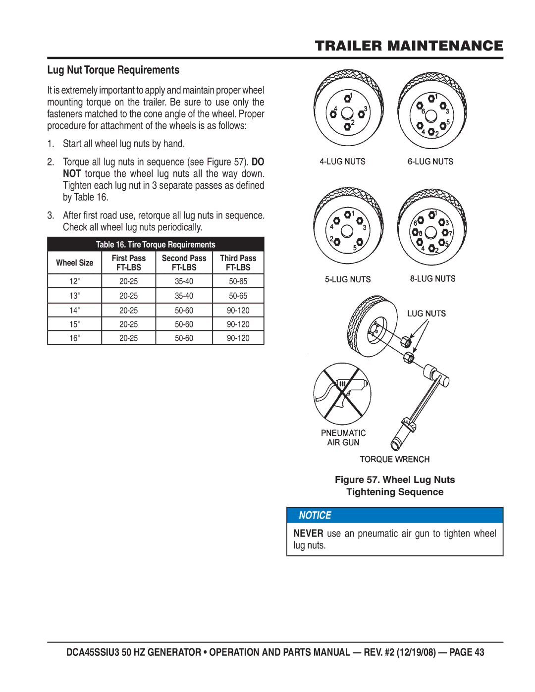 Multiquip CDA45SSIU3 manual Lug Nut Torque Requirements, Never use an pneumatic air gun to tighten wheel lug nuts 