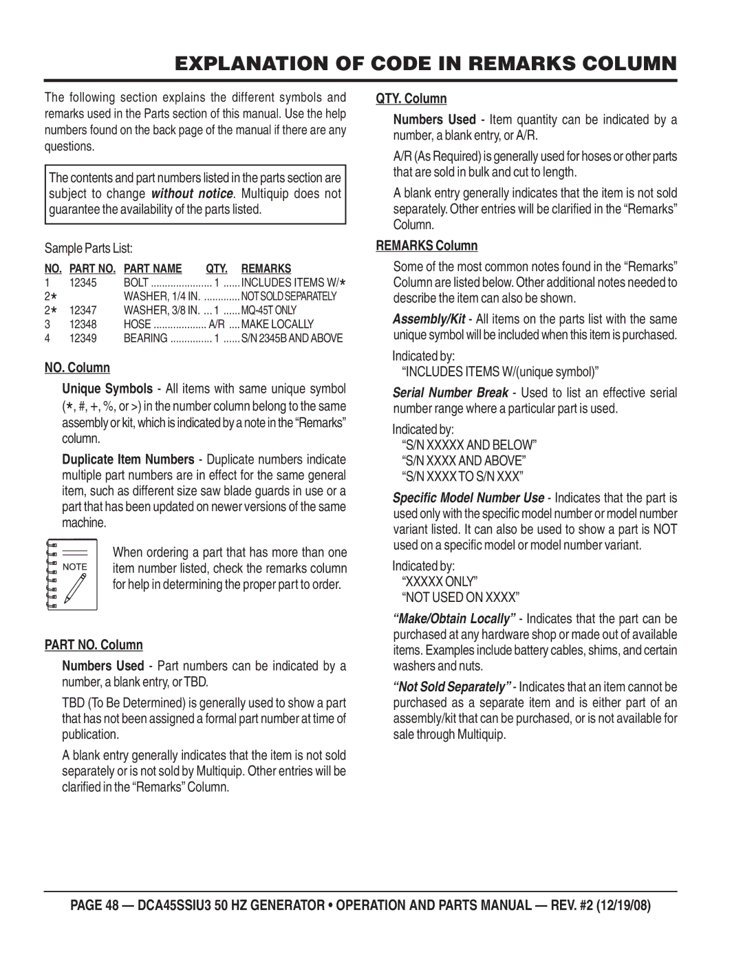 Multiquip CDA45SSIU3 manual Explanation of Code in Remarks Column, Sample Parts List 