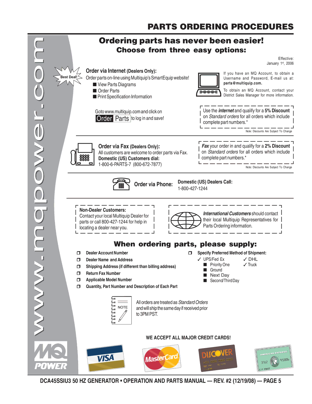 Multiquip CDA45SSIU3 manual Parts Ordering Procedures, Ordering parts has never been easier 