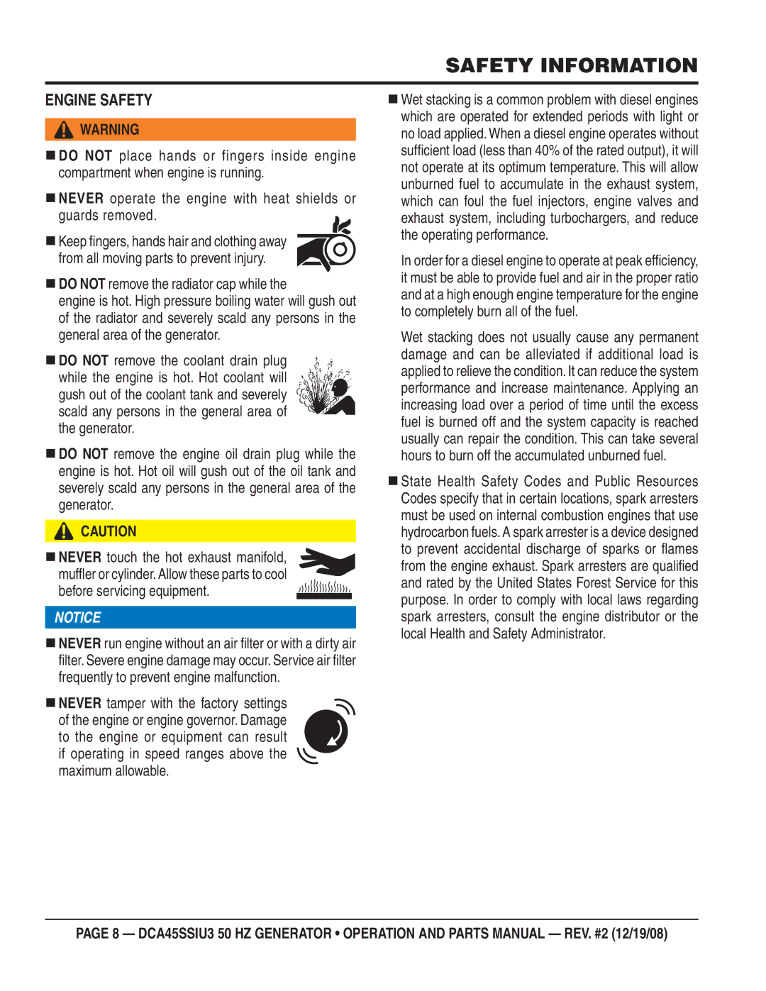 Multiquip CDA45SSIU3 manual Engine Safety, Before servicing equipment 