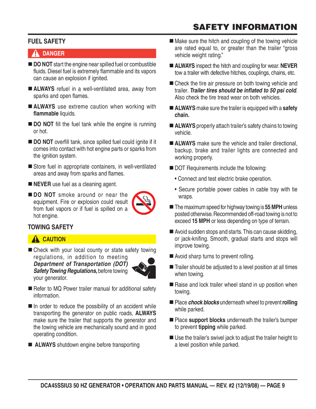 Multiquip CDA45SSIU3 manual Fuel Safety, Towing Safety 