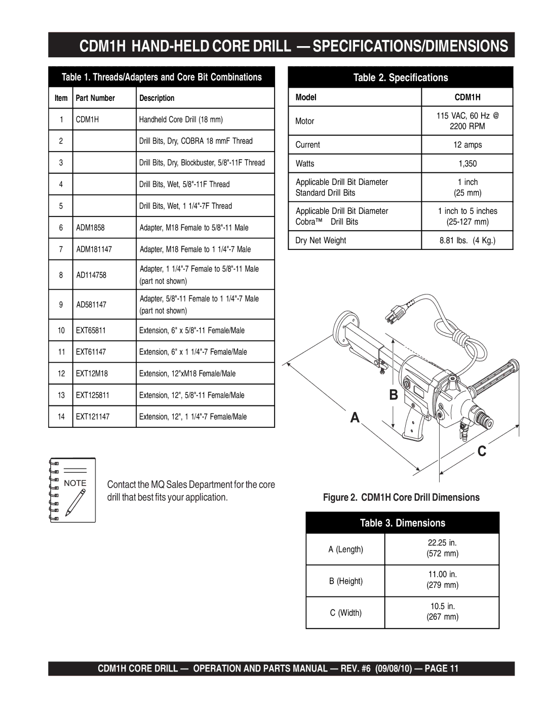 Multiquip manual CDM1H HAND-HELD Core Drill SPECIFICATIONS/DIMENSIONS, CDM1H Core Drill Dimensions 