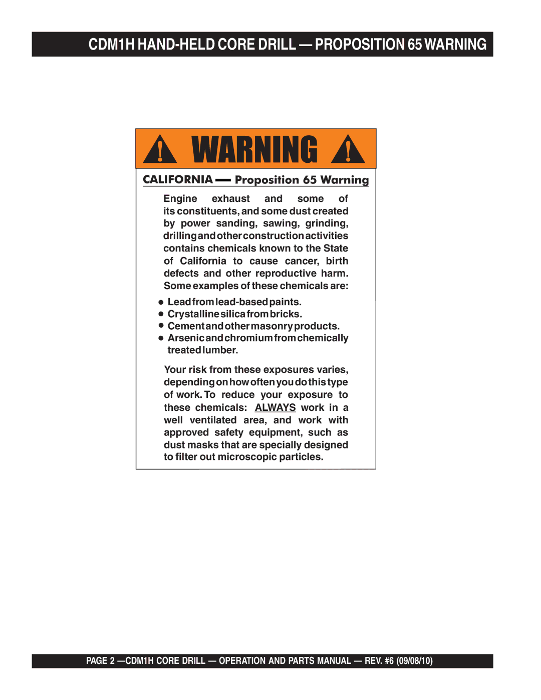 Multiquip manual CDM1H HAND-HELD Core Drill Proposition 65WARNING 