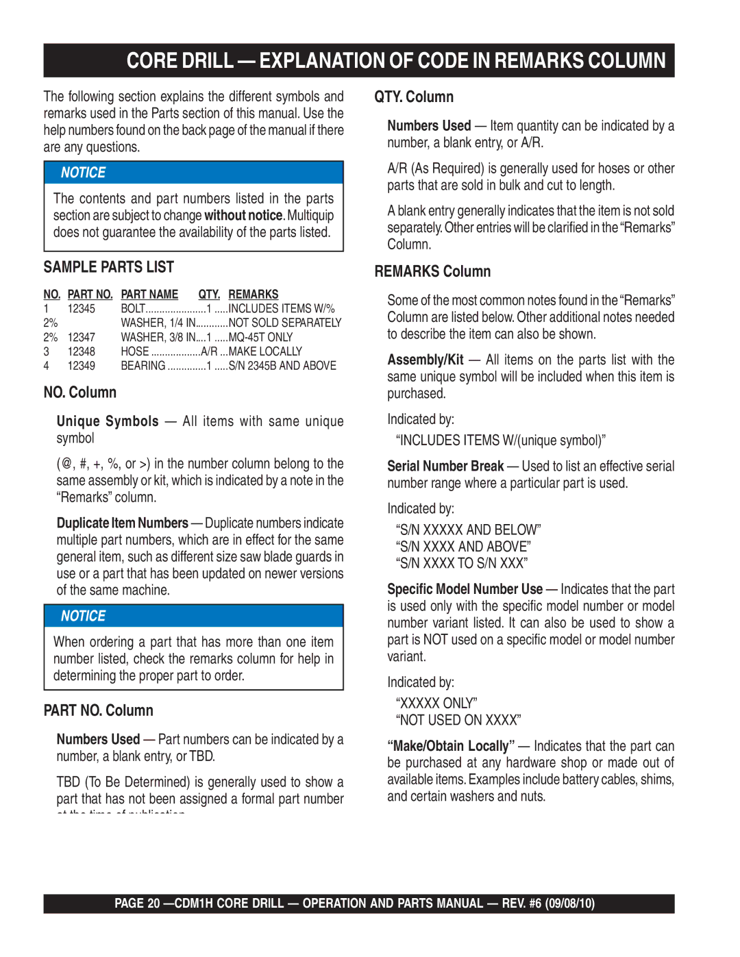 Multiquip CDM1H manual Core Drill Explanation of Code in Remarks Column, QTY. Column 