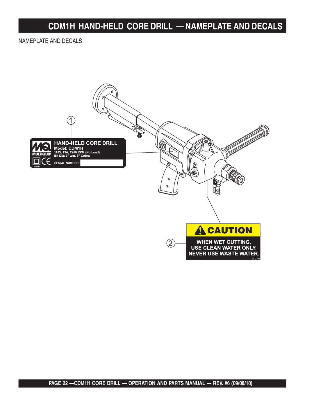 Multiquip manual CDM1H HAND-HELD Core Drill Nameplate and Decals 