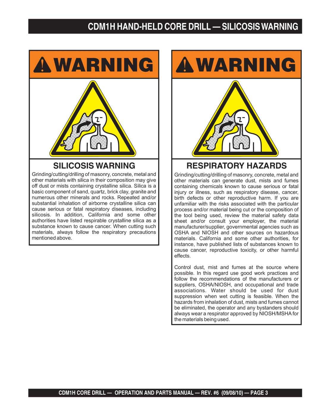 Multiquip manual CDM1H HAND-HELD Core Drill Silicosiswarning, Silicosis Warning 