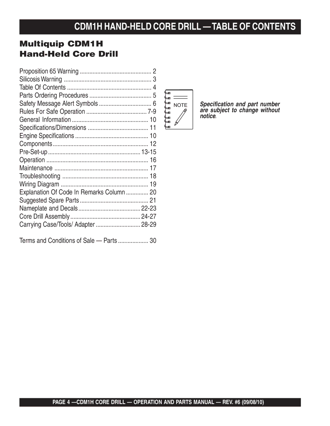 Multiquip manual CDM1H HAND-HELD Core Drill -TABLE of Contents 