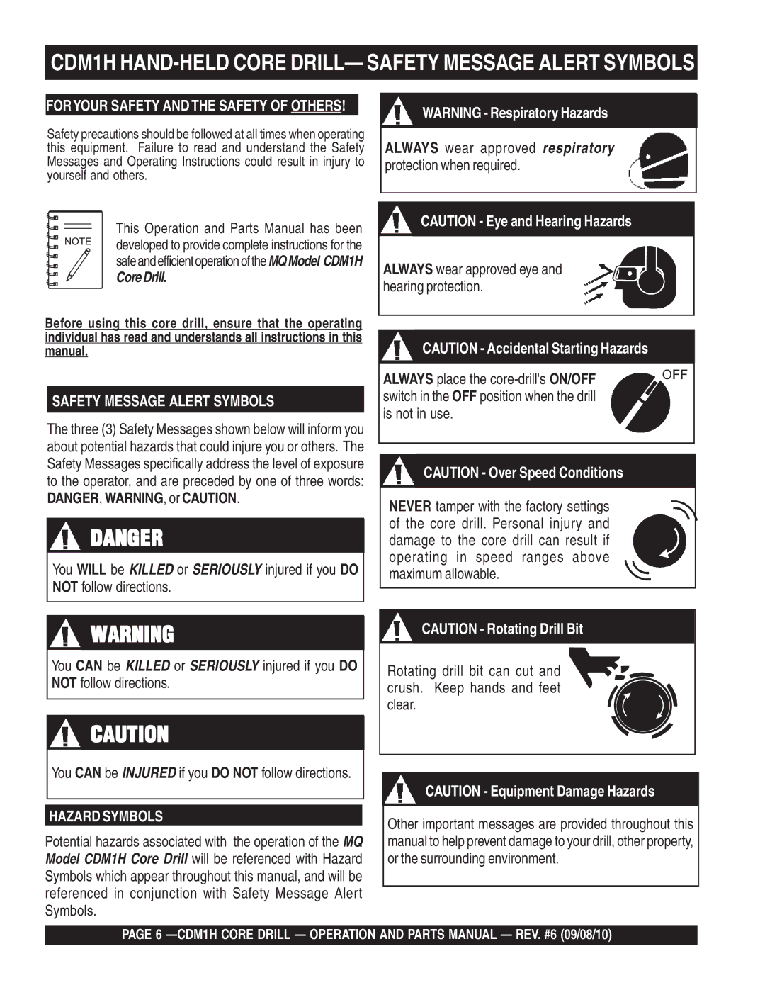 Multiquip manual CDM1H HAND-HELD Core DRILL- Safety Message Alert Symbols, Foryour Safety and the Safety of Others 