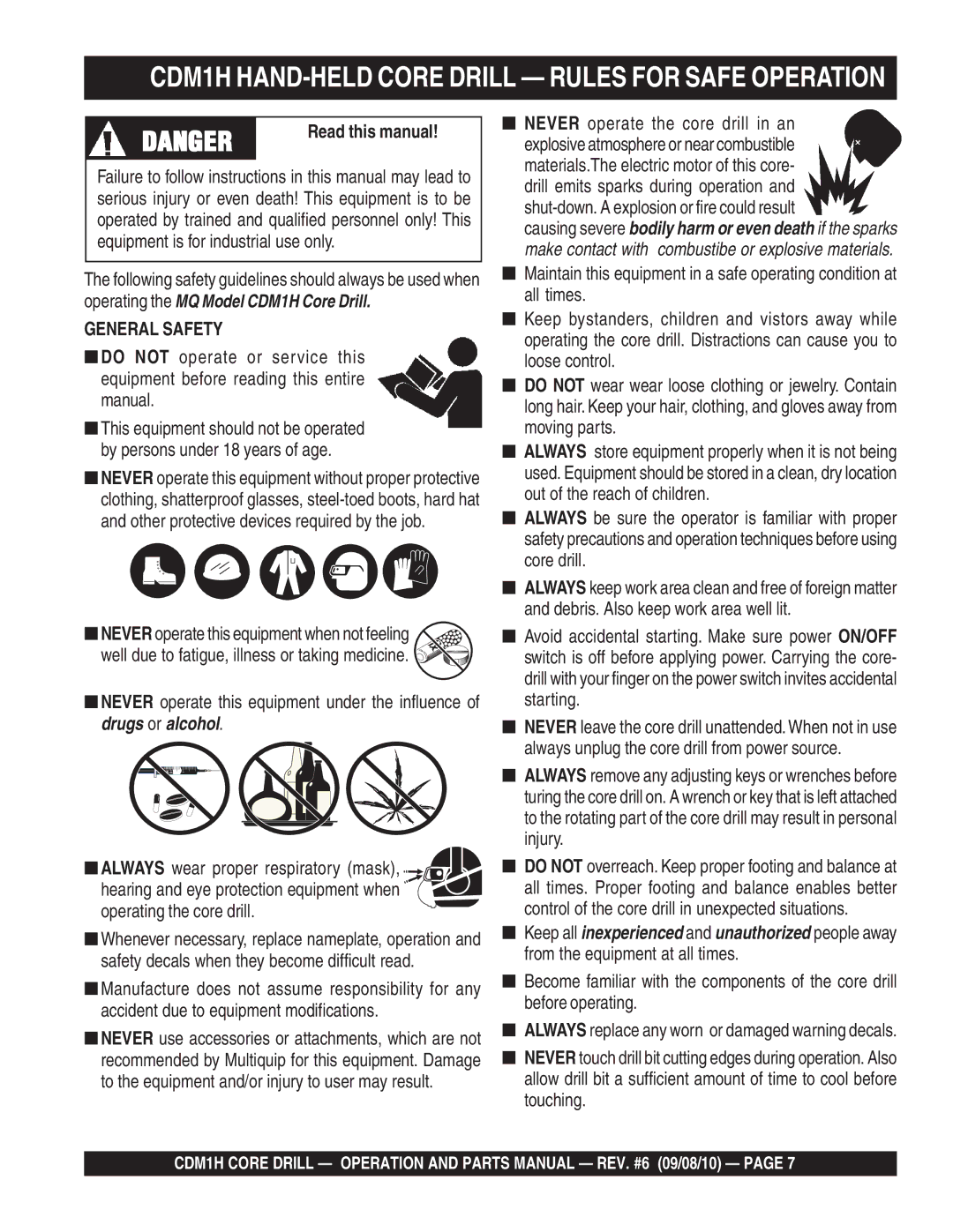 Multiquip manual CDM1H HAND-HELD Core Drill Rules for Safe Operation, General Safety 