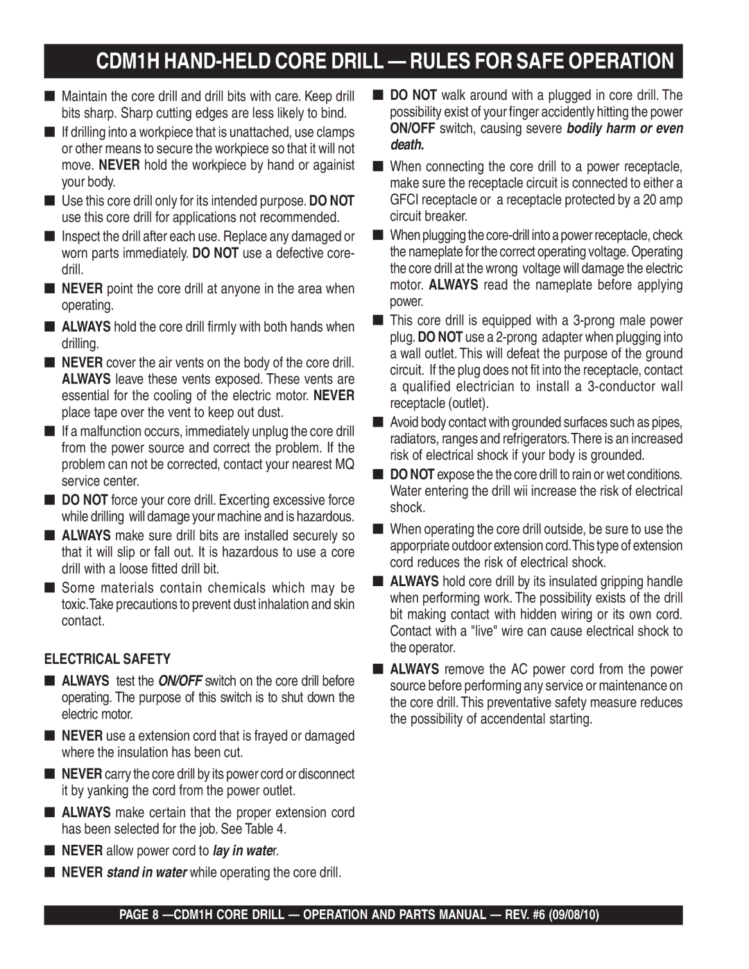 Multiquip CDM1H manual Electrical Safety 