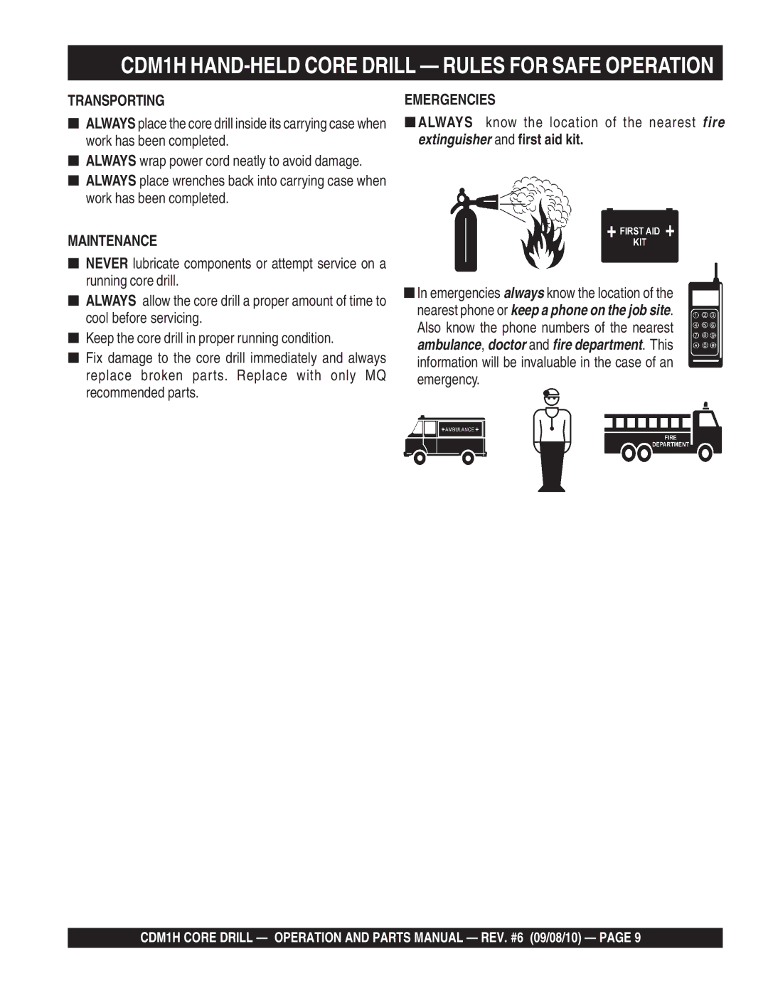 Multiquip CDM1H manual Transporting, Maintenance, Emergencies 