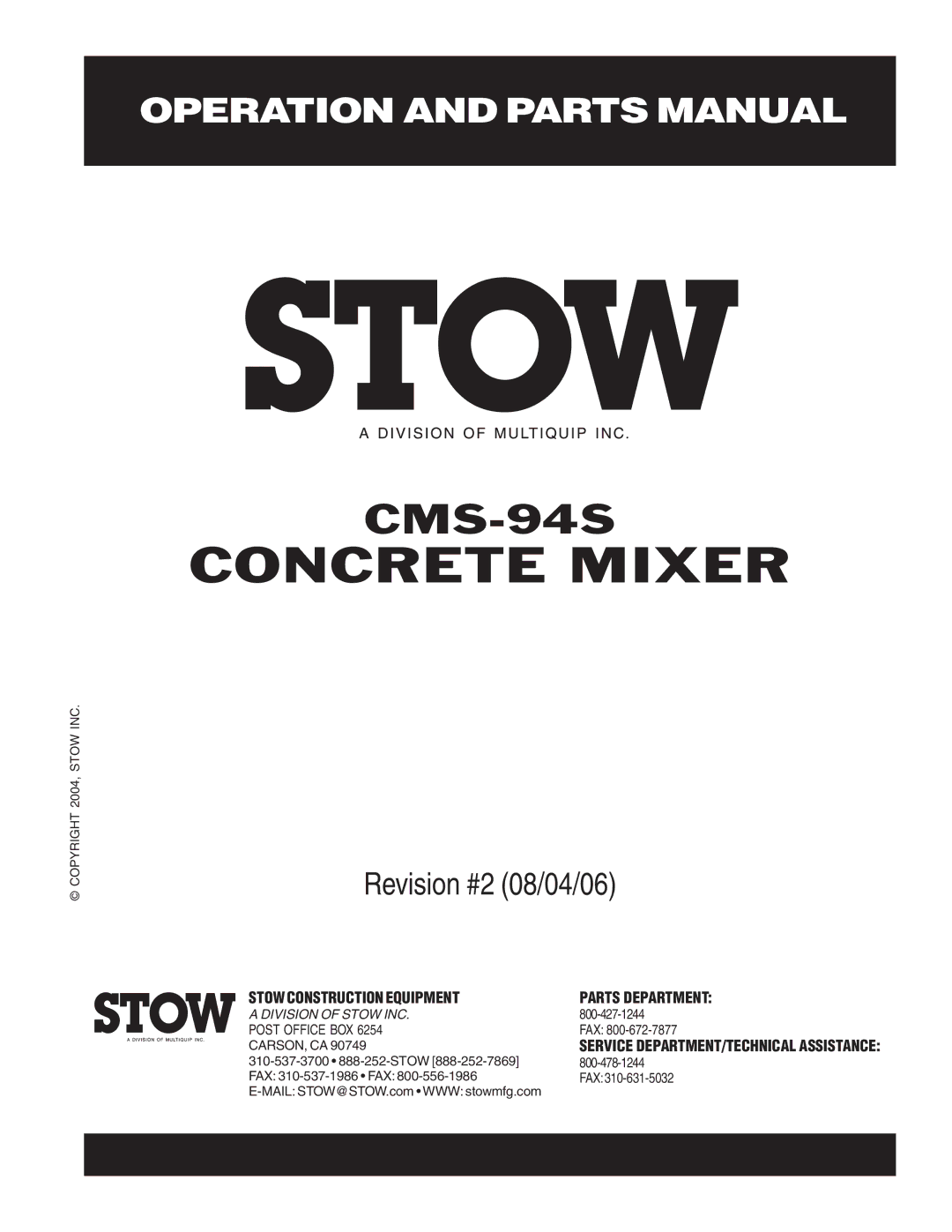 Multiquip CMS-94S manual Concrete Mixer 