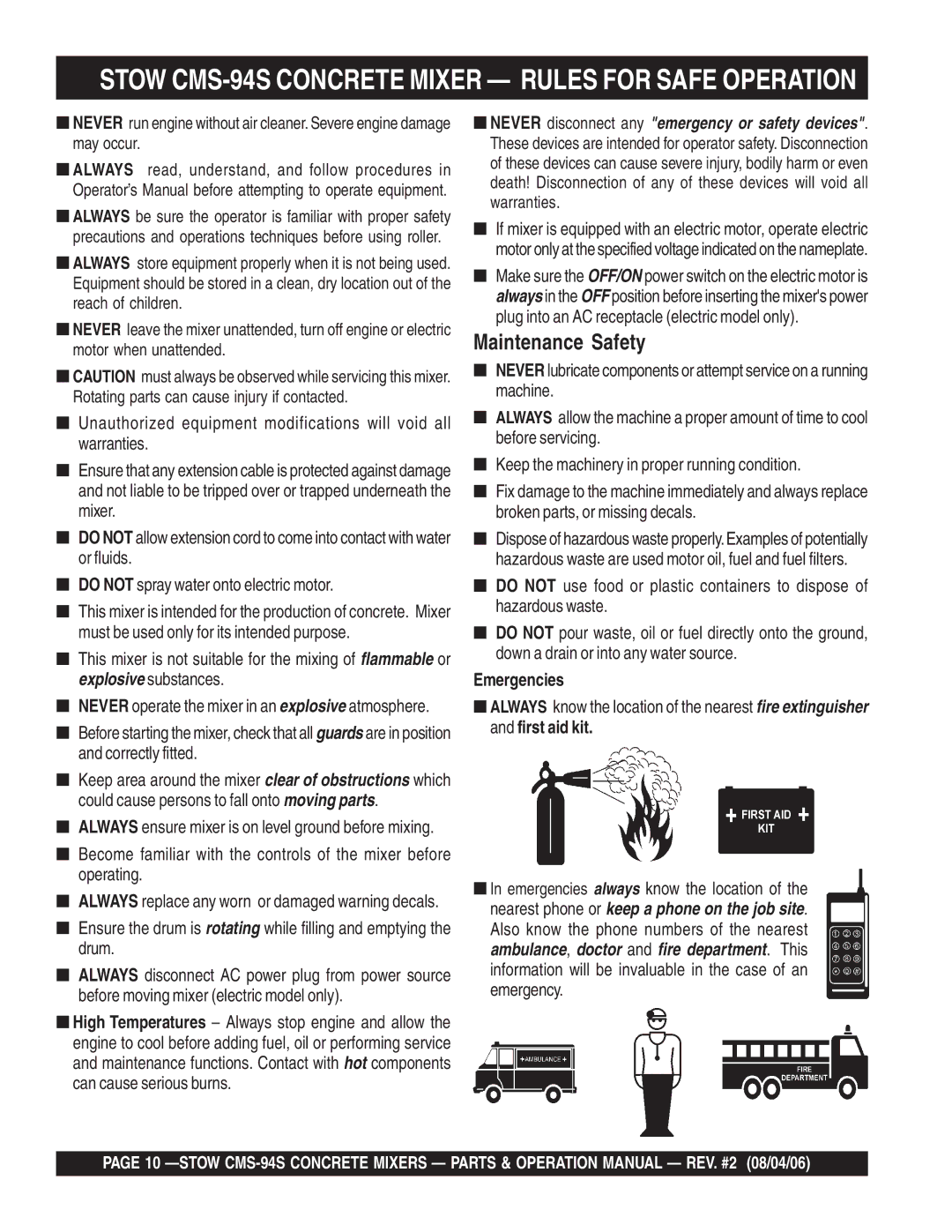 Multiquip CMS-94S manual Maintenance Safety, Emergencies 