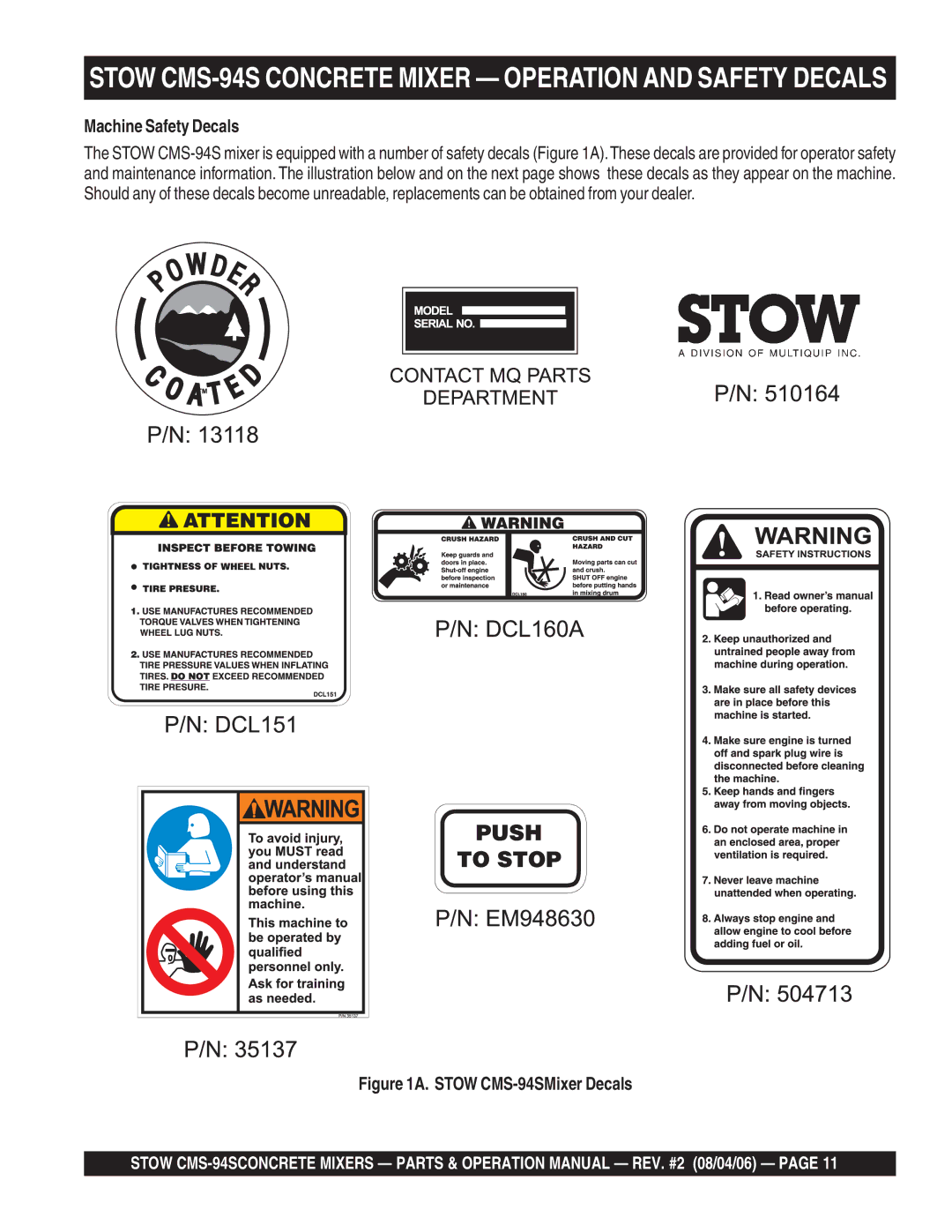 Multiquip manual Stow CMS-94S Concrete Mixer Operation and Safety Decals, Machine Safety Decals 