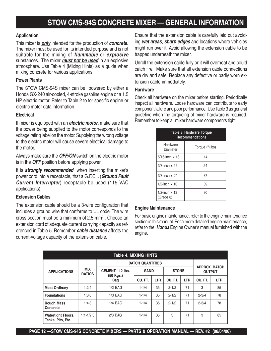 Multiquip manual Stow CMS-94S Concrete Mixer General Information 