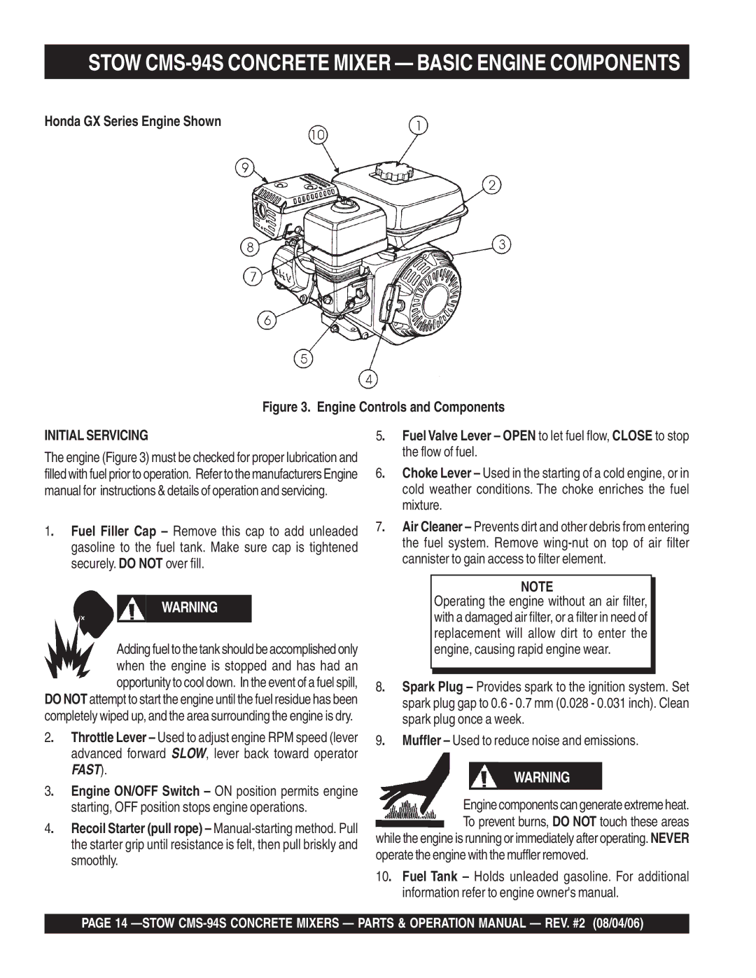 Multiquip manual Stow CMS-94S Concrete Mixer Basic Engine Components, Starting, OFF position stops engine operations 