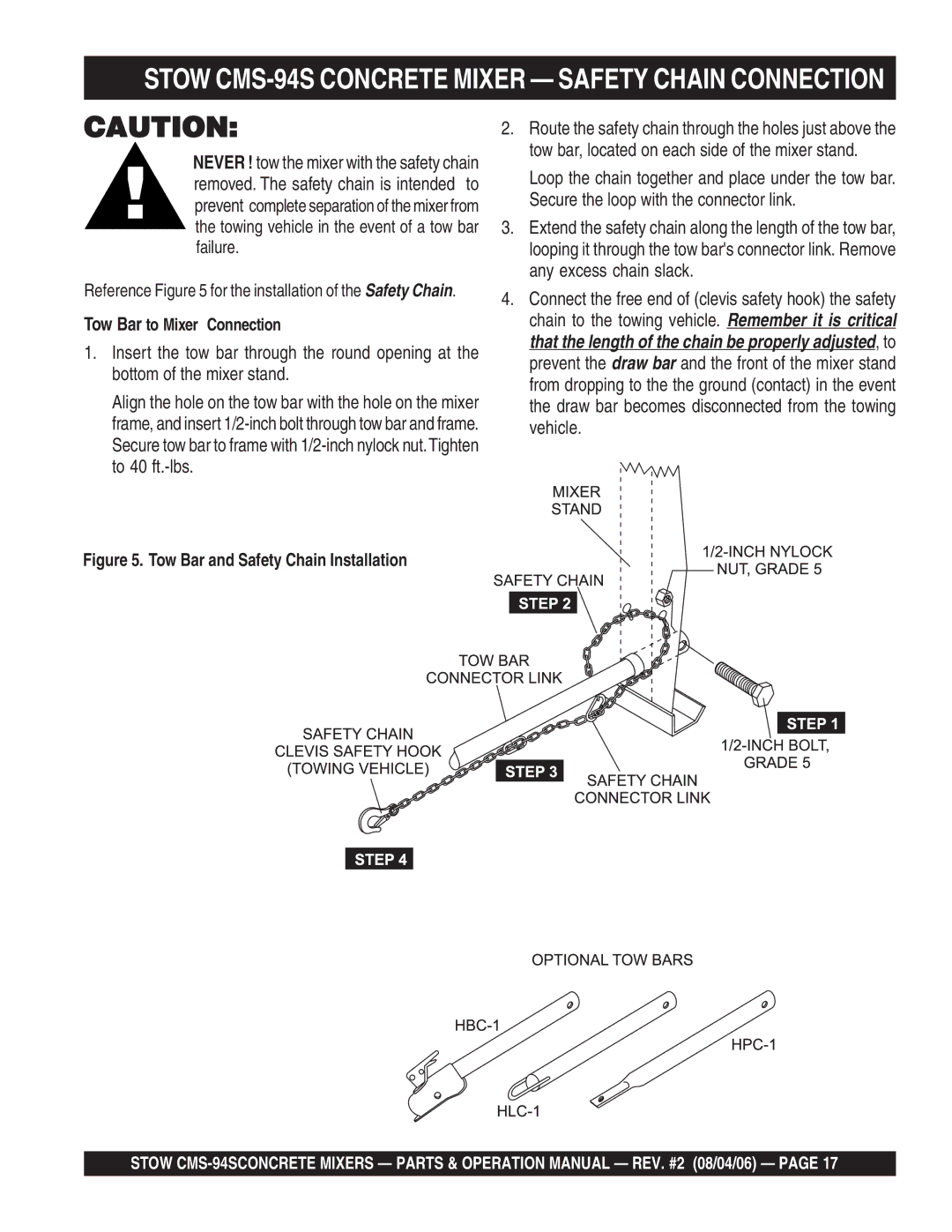 Multiquip manual Stow CMS-94S Concrete Mixer Safety Chain Connection, Tow Bar to Mixer Connection 